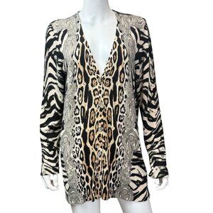Chicos Womens Mixed Animal Print Cardigan Button Front Beige/Black Size 2 Long